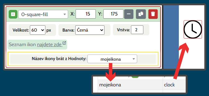 Výběr ikony v editoru Obrazovky