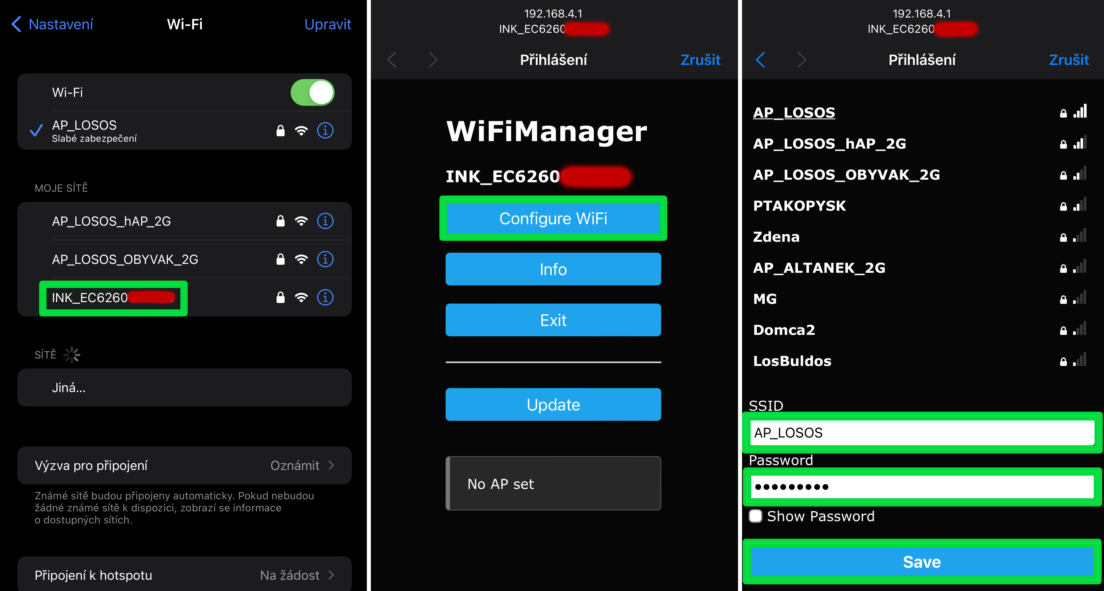 Stránka Configure pro výběr domácí Wi-Fi